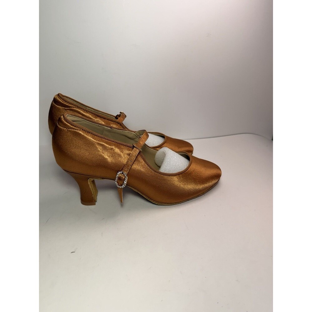 Danceandsway Women's Size 8.5 Brown Satin Closed Toe Ballroom Dance Heels NIB